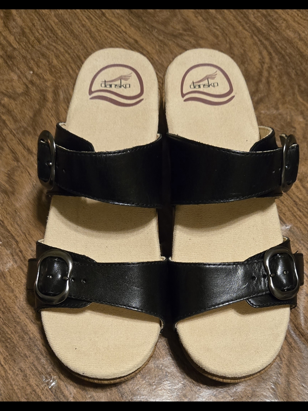 Dansko Women’s Black Leather Two-Strap Slide Sandal